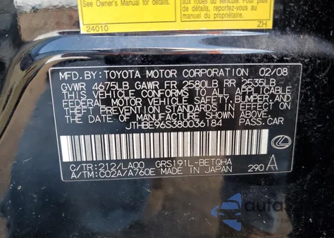 2008 Lexus Gs 350 z USA, uszkodzony, nr VIN JTHBE96S380036184